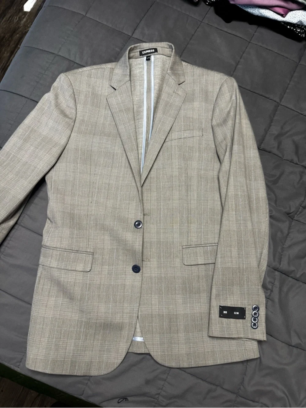 Express Men's Tan Plaid Two-Button Suit Blazer